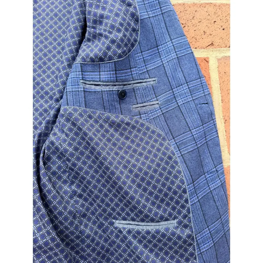 Crown & Ivy Men's 46R Blue Plaid Blazer Sport Coat Two Button Cotton Blend
